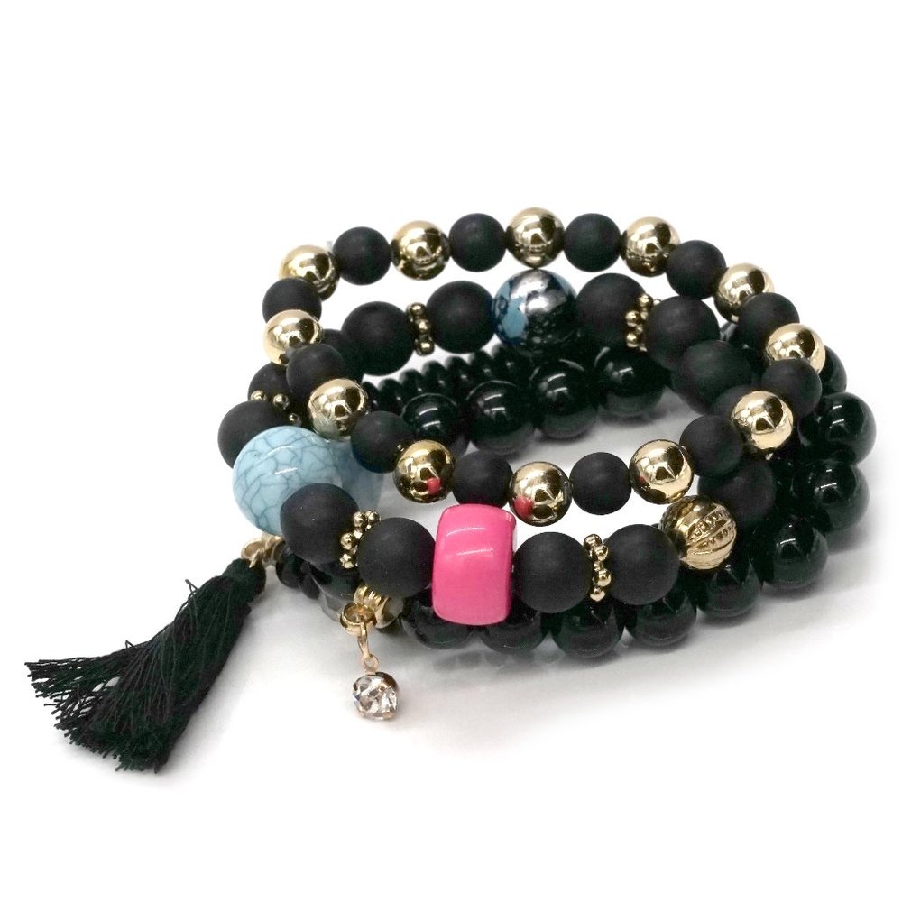 Bracelet Black Pink Blue Four strands Tassel. OS.